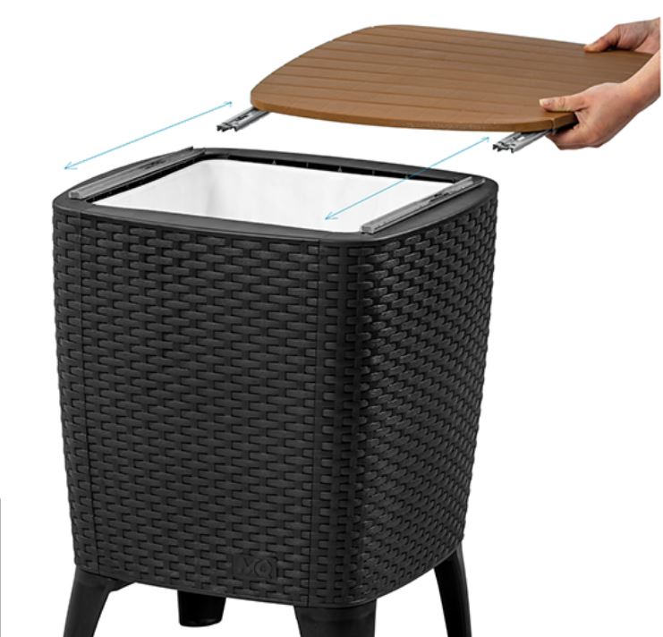 MESA HIELERA CON CAPACIDAD PARA 28 LITROS, COLOR TABACO, ALTO 58 CM, ANCHO 41.5 CM, LARGO 41.5 CM