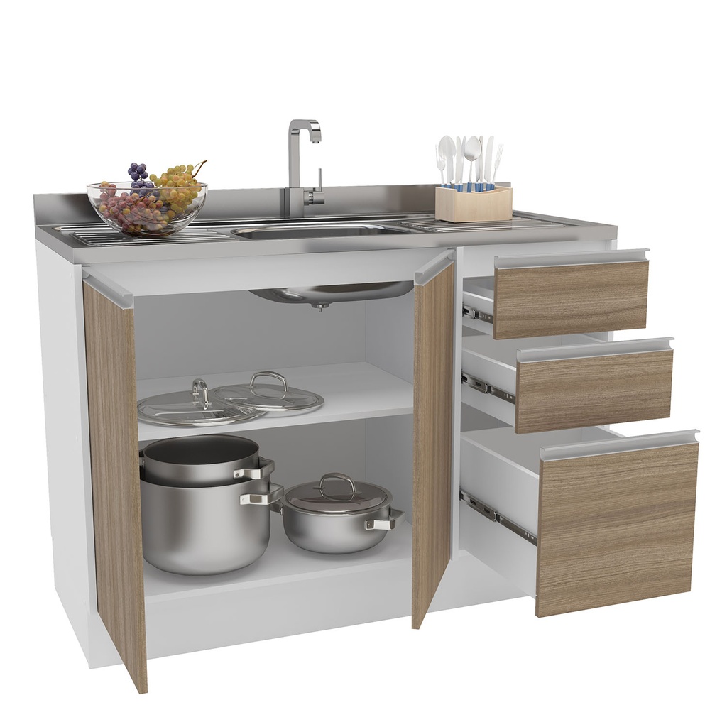 MUEBLE PARA COCINA MALI 2 PUERTAS + 3 GAVETAS 830X1200X510 MDP, BLANCO / CASTAÑO, 200039.0002