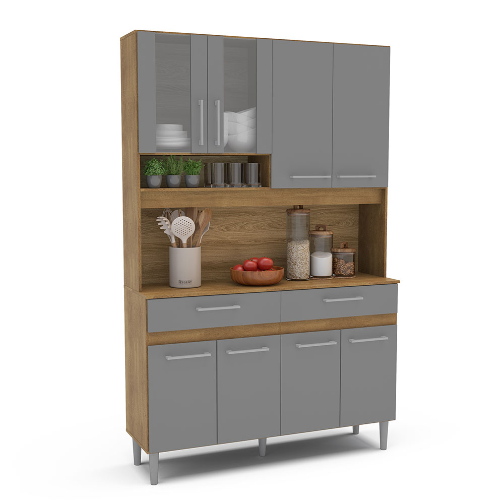 MUEBLE PARA COCINA BARI 4 PUERTAS + 2 ESPACIOS + 2 GAVETAS + 4 PUERTAS, CASTAÑO CON PUERTAS GRIS230306.0001