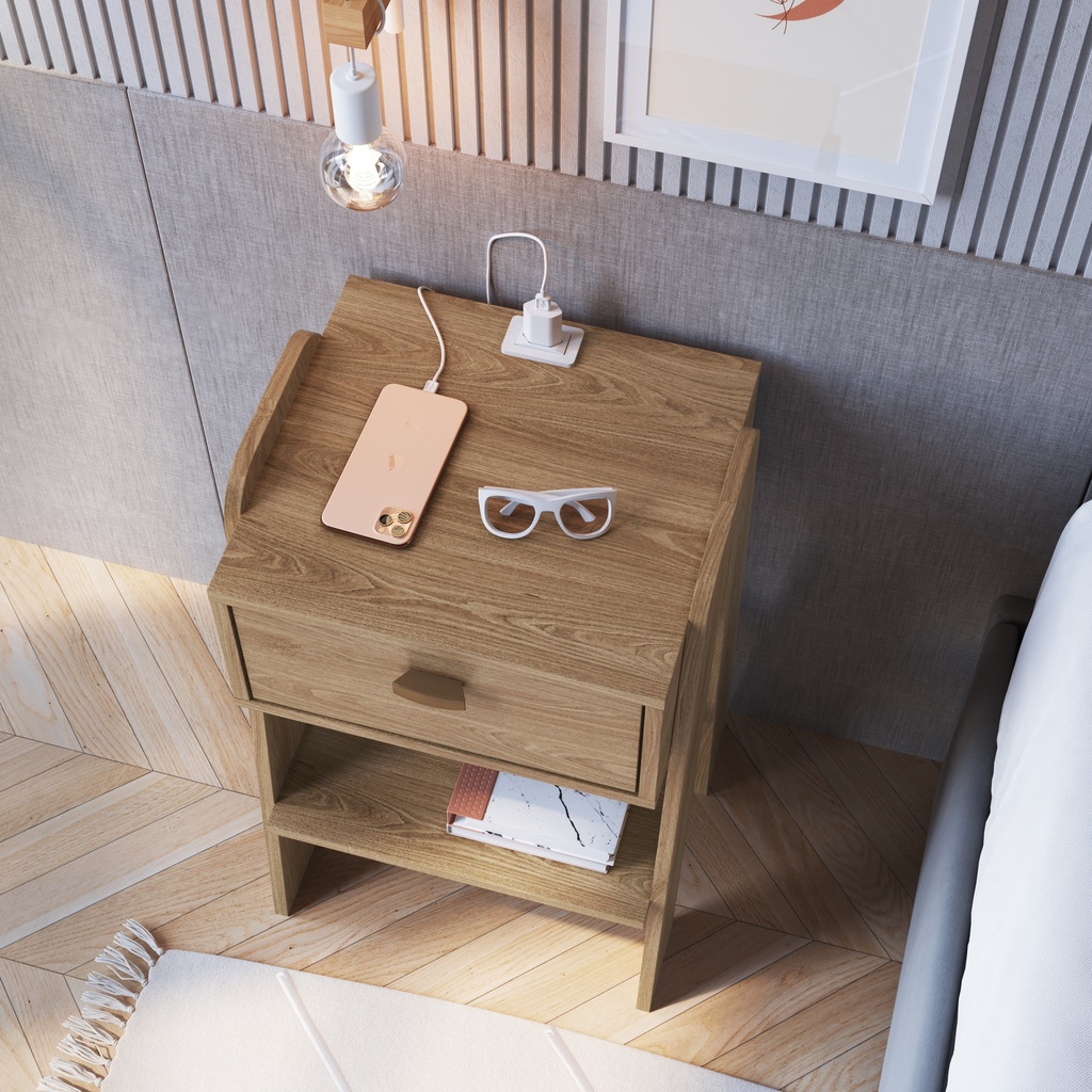 MESA DE NOCHE/VELADOR TERNI CON TOMA ELECTRICA AVEIRO OAK, CB220AVAV