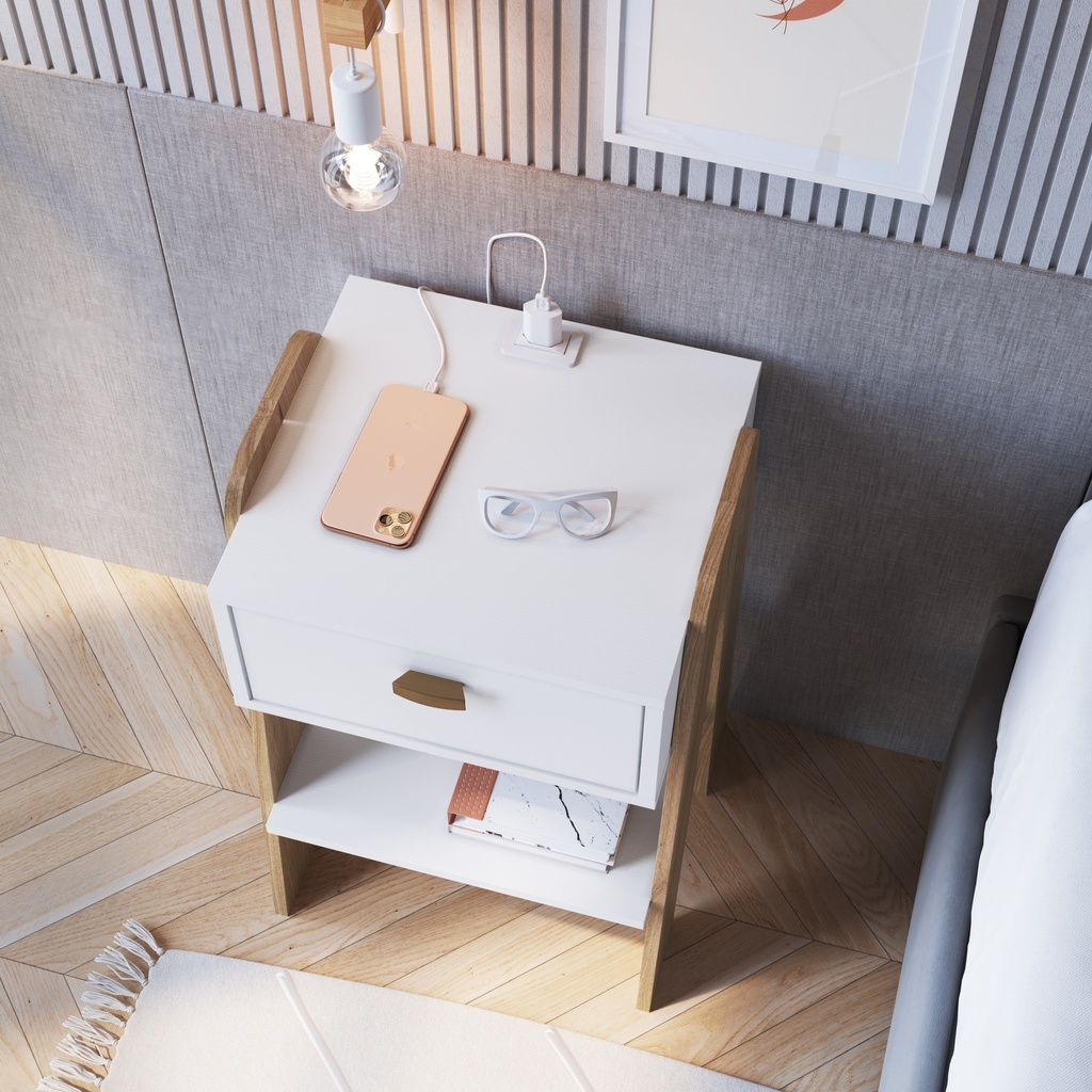 MESA DE NOCHE/VELADOR TERNI CON TOMA ELECTRICA BLANCO CON AVEIRO OAK, CB220BCAV