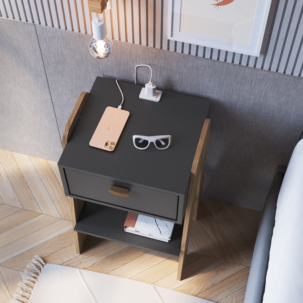 MESA DE NOCHE/VELADOR TERNI CON TOMA ELECTRICA GRAFITO CON AVEIRO OAK, CB220GFAV