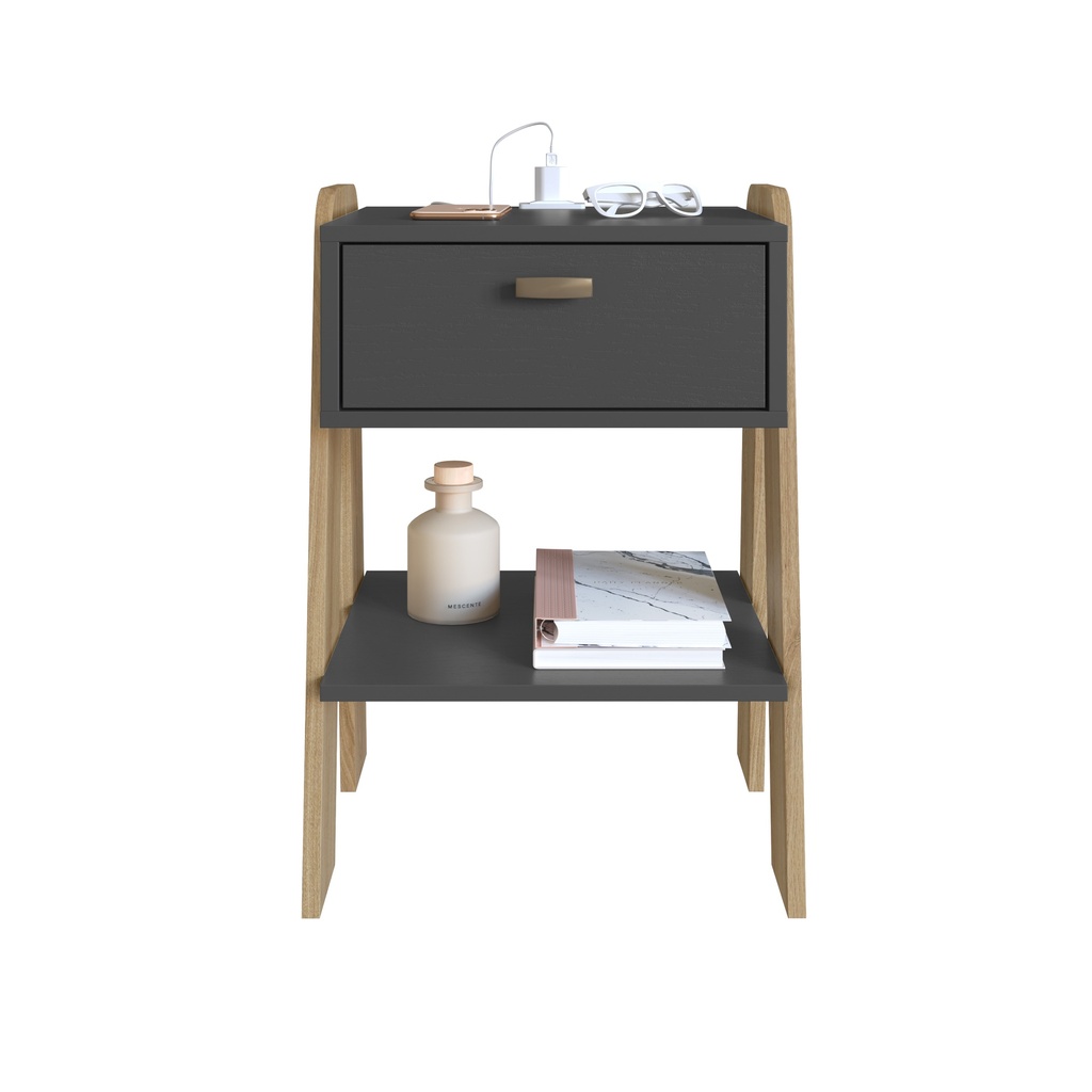MESA DE NOCHE/VELADOR TERNI CON TOMA ELECTRICA GRAFITO CON AVEIRO OAK, CB220GFAV