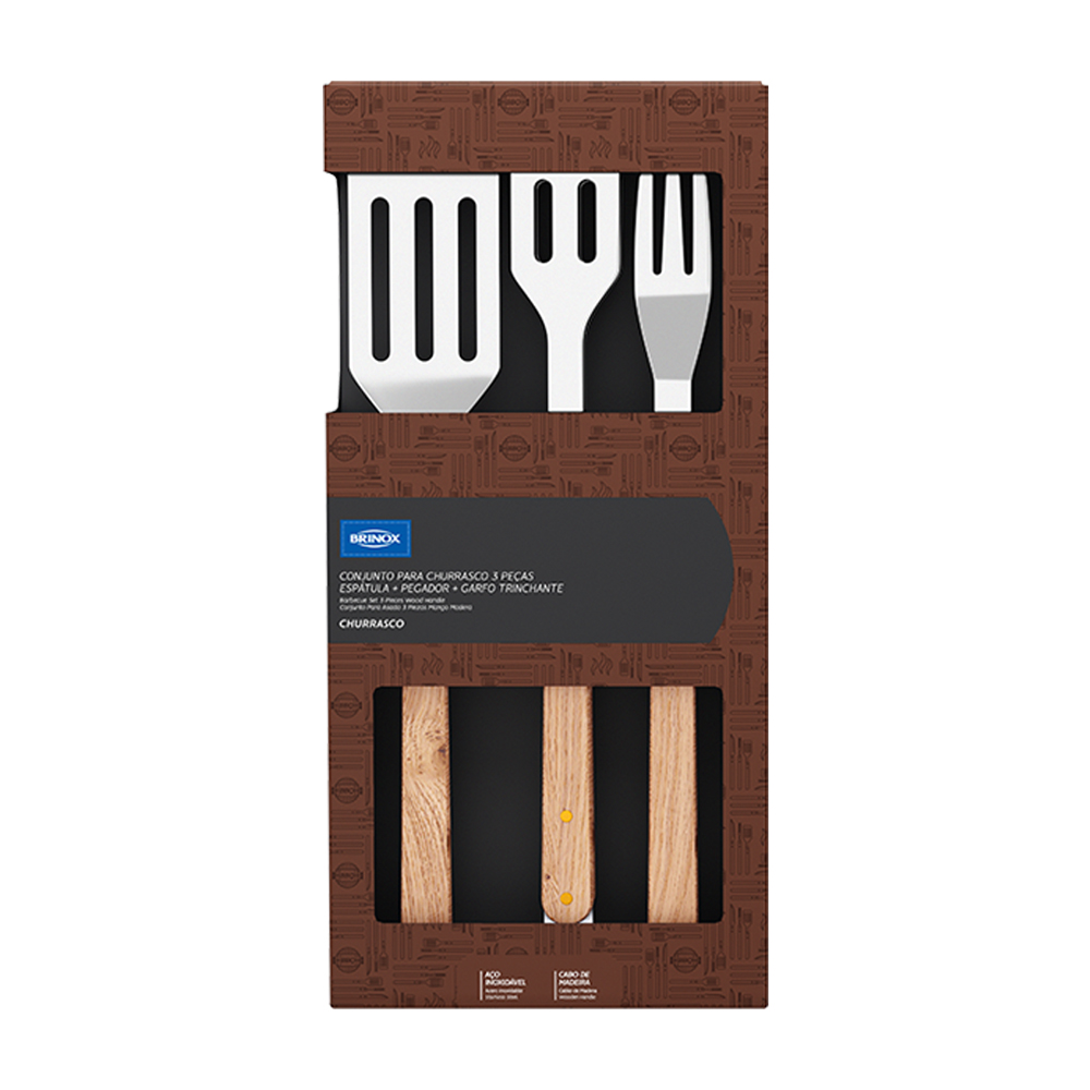 JUEGO PARA BBQ EN ACERO INOXIDABLE 3 PIEZAS MANGO MADERA