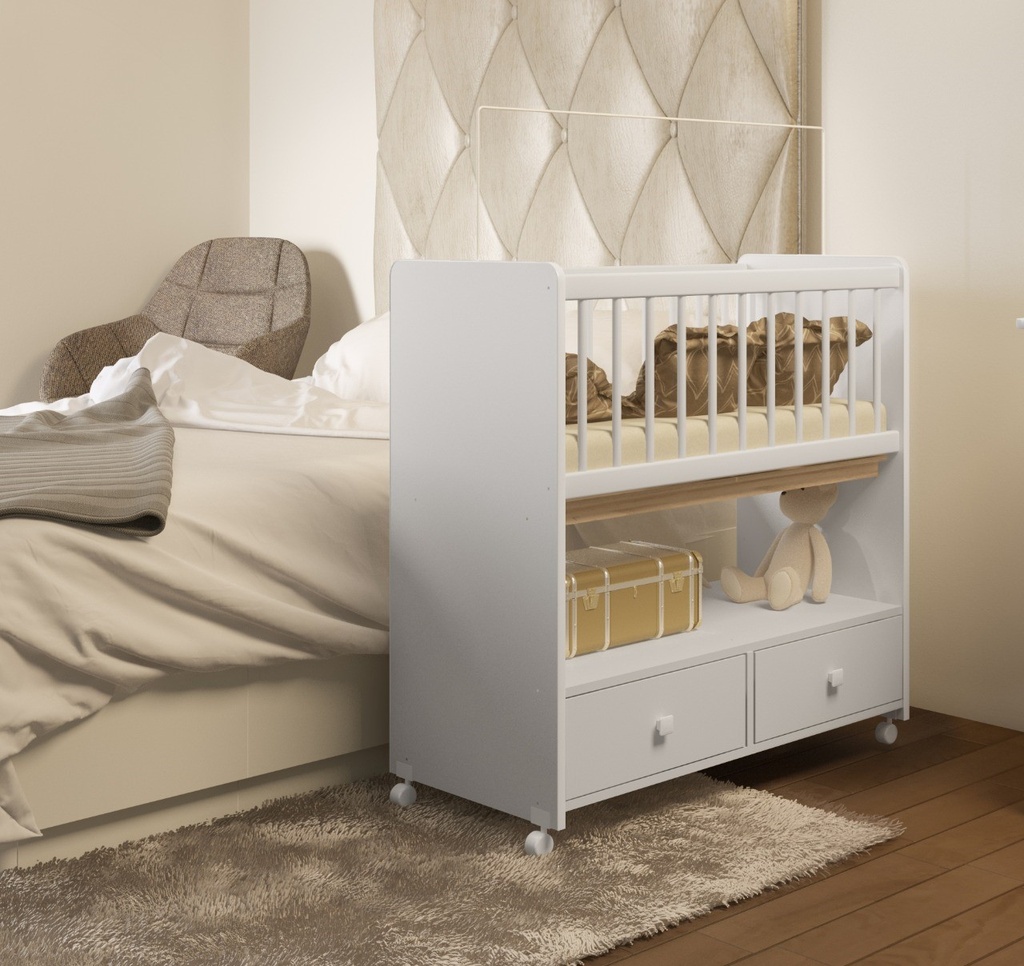 CUNA MOISES CON RUEDAS REJA FIJA Y 2 GAVETAS CON COLCHON, ALTURA 96CM, ANCHO 45CM, LARGO 90CM