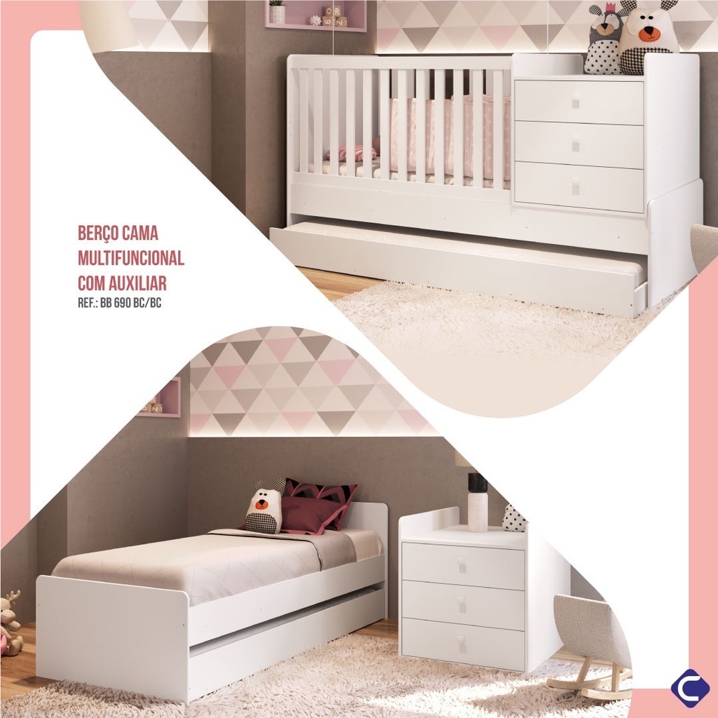 CUNA CAMA MULTIFUNCIONAL CON CAMA AUXILIAR CON RODAMIENTO BLANCO, BB-680-BCBC + BB-692-BC