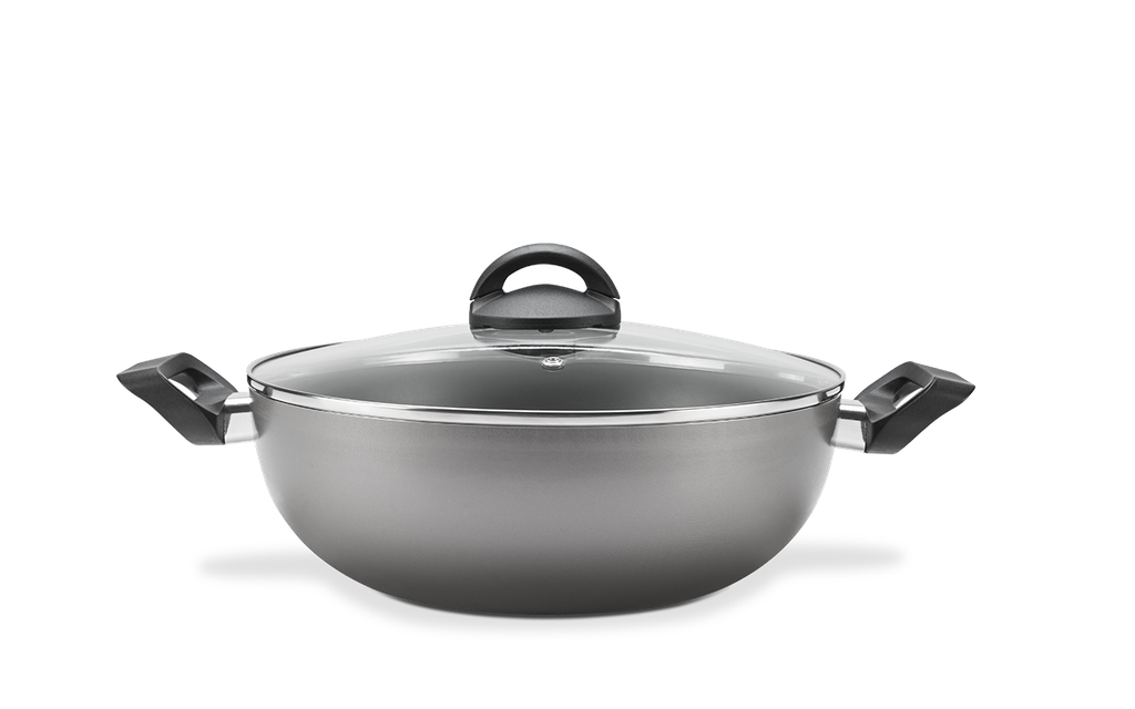 LINEA CHILLI - EN ALUMINIO -WOK Ø28CM 4,10L C/TAPA Y MANIJAS PLATA 