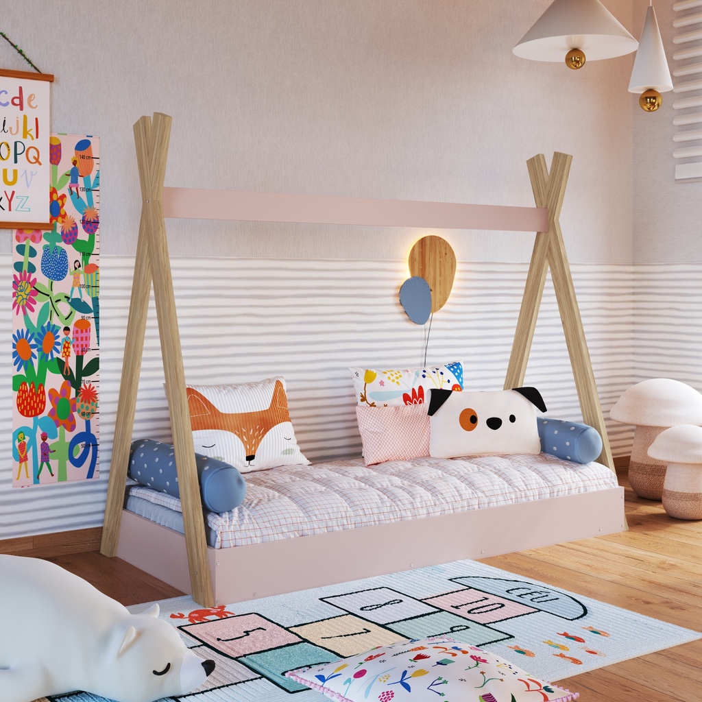 CAMA INFANTIL CABANA MONTESSORI CON COLCHON ITAPUA CON ROSA