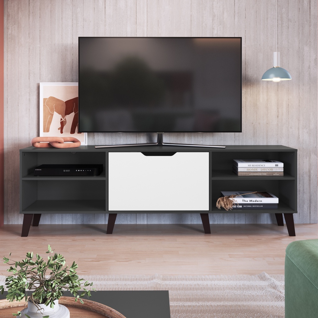 MESA PARA LCD - RACK PESARO CON PORTA BASCULANTE GRAFITE CON BLANCO