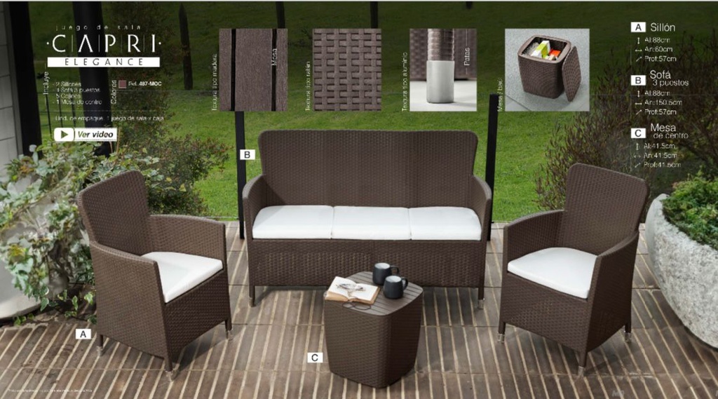 JUEGO MUEBLE CAPRI ELEGANT 1 SOFA + 2 SILLAS + 1 MESA DE CENTRO, COLOR MOCCA