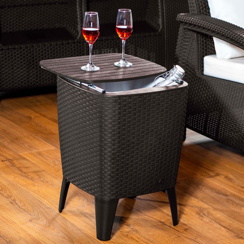 MESA HIELERA CON CAPACIDAD PARA 28 LITROS, COLOR MARRON WENGUE, ALTO 58 CM, ANCHO 41.5 CM, LARGO 41.5 CM