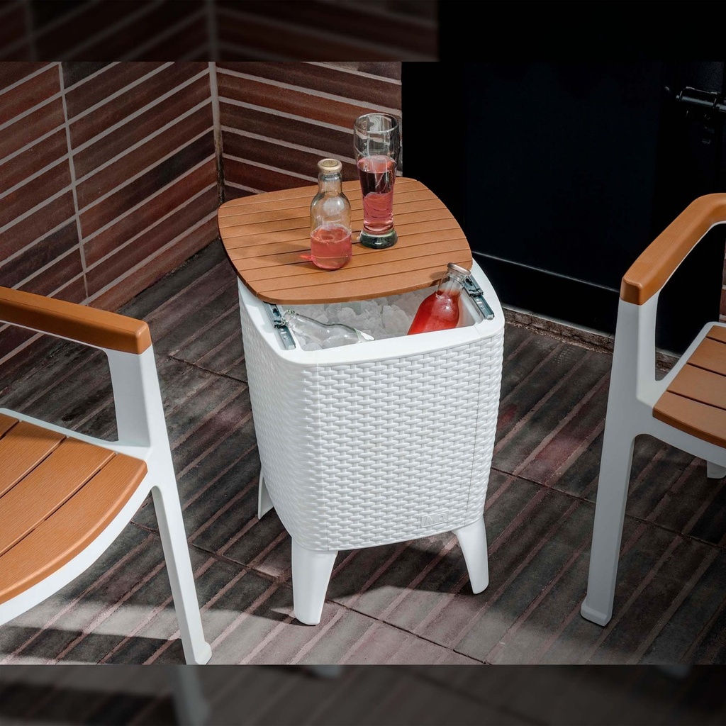 MESA HIELERA CON CAPACIDAD PARA 28 LITROS, COLOR CARAMELO, ALTO 58 CM, ANCHO 41.5 CM, LARGO 41.5 CM