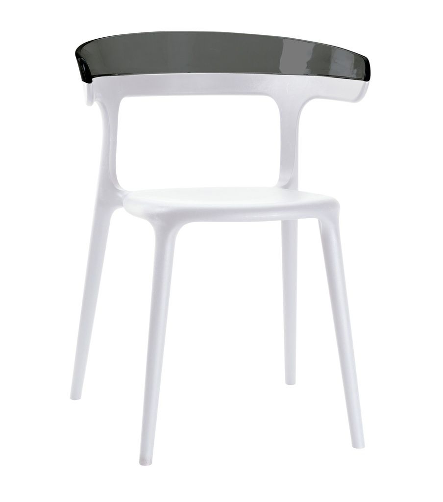SILLA LUNA, COLOR BLANCA - ESPALDAR POLICARBONATO NEGRO- POLIPROPILENO (PLASTICO) REFORZADO CON FIBRA DE VIDRIO - 4 PATAS - BRAZOS - APILABLE- USO INTERIOR/EXTERIOR