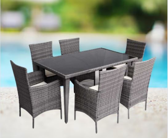 COMEDOR FIRSO PARA PATIO TIPO MIMBRE TOPE DE CRISTAL 6 SILLAS