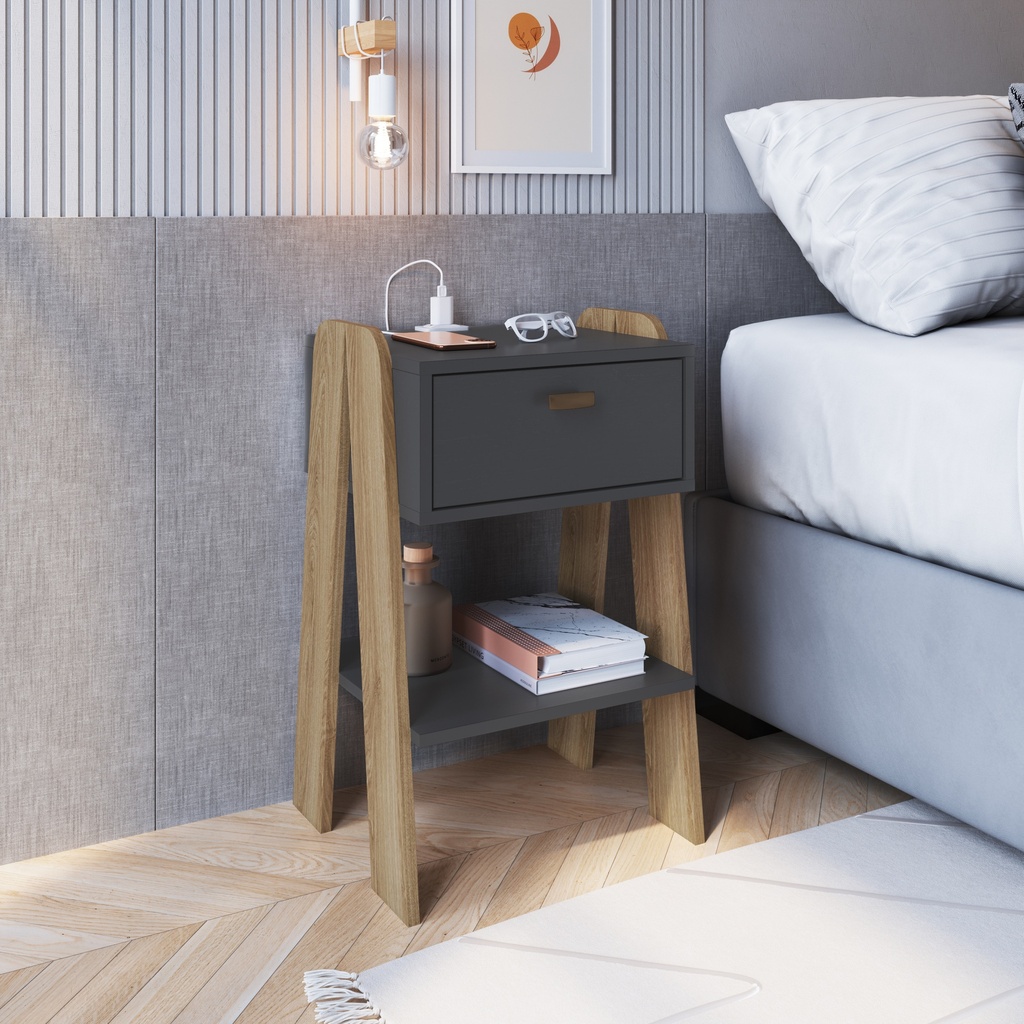 MESA DE NOCHE/VELADOR TERNI CON TOMA ELECTRICA GRAFITO CON AVEIRO OAK, CB220GFAV