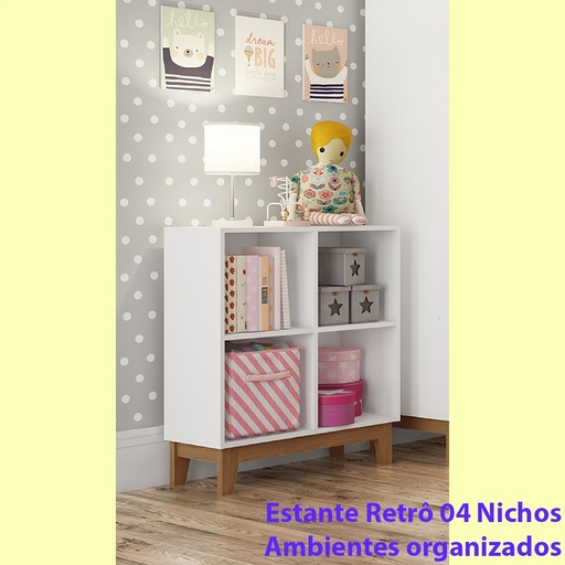 [BY-150-BC] ESTANTERÍA 04 ESPACIOS CON PATAS DE MADERA RETRÔ BLANCO 