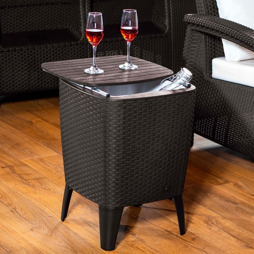 [492-WEN] MESA HIELERA CON CAPACIDAD PARA 28 LITROS, COLOR MARRON WENGUE, ALTO 58 CM, ANCHO 41.5 CM, LARGO 41.5 CM
