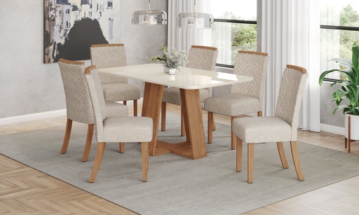 [SC92-127] MESA DE COMEDOR LINS 1600 MM CANTO ARREDON C/VIDRO NATURE/OFF WHITE (NO INCLUYE SILLAS)