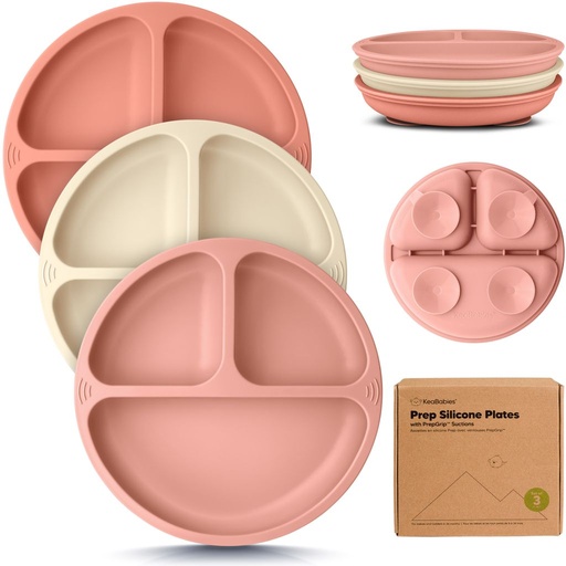 [KB-PSFP-ROS] Keababies Paquete de 3 platos de succión de silicona de preparación (rosate), color: rosado