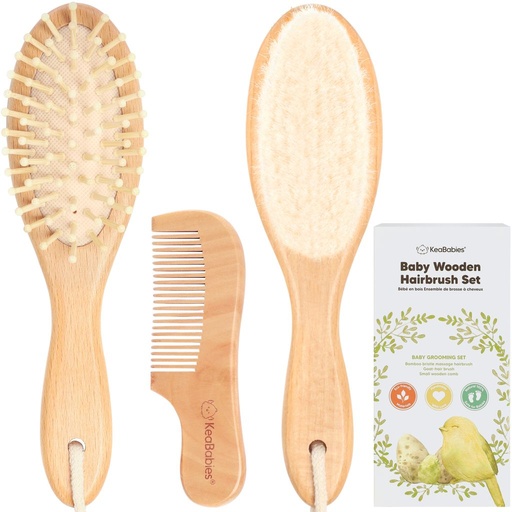 [KB031-001] Keababies Juego De Cepillo Y Peine De Pelo De Bebé (Nogal), Color: Nogal
