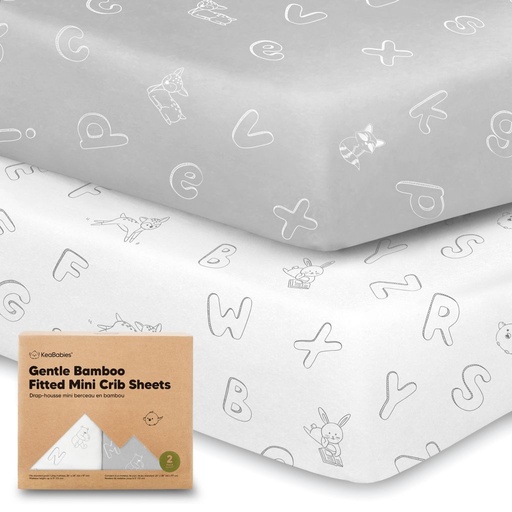 [KB-GBFP-ALA] Keababies Paquete de 2 Sábanas de mini cuna ajustables de bambú suave (ABC Land), Color: ABC Land