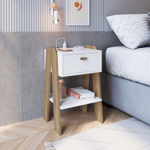 [CB220BCAV] MESA DE NOCHE/VELADOR TERNI CON TOMA ELECTRICA BLANCO CON AVEIRO OAK, CB220BCAV